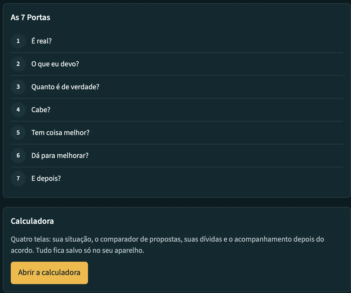 Tela inicial do aplicativo Por Trás da Parcela, com a lista das 7 Portas e o acesso à calculadora.