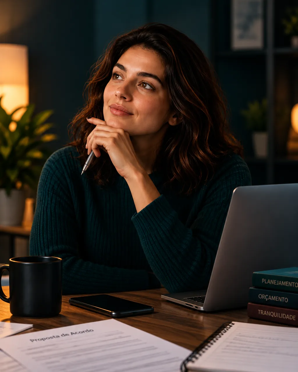 Mulher sentada à mesa, pensativa, com uma proposta de acordo impressa e um notebook à frente.